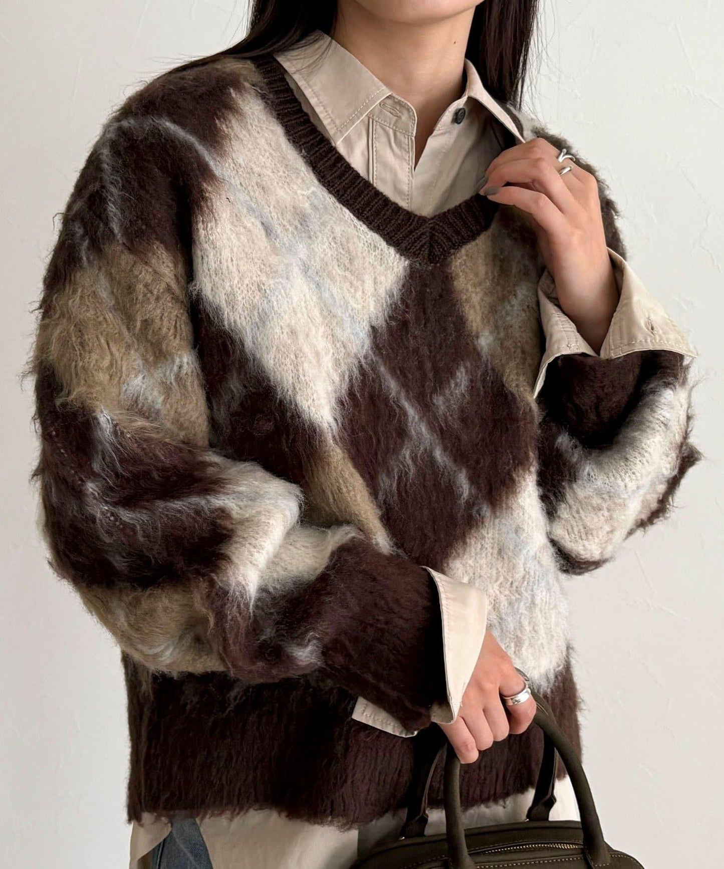 菱格紋磨毛V領針織衫