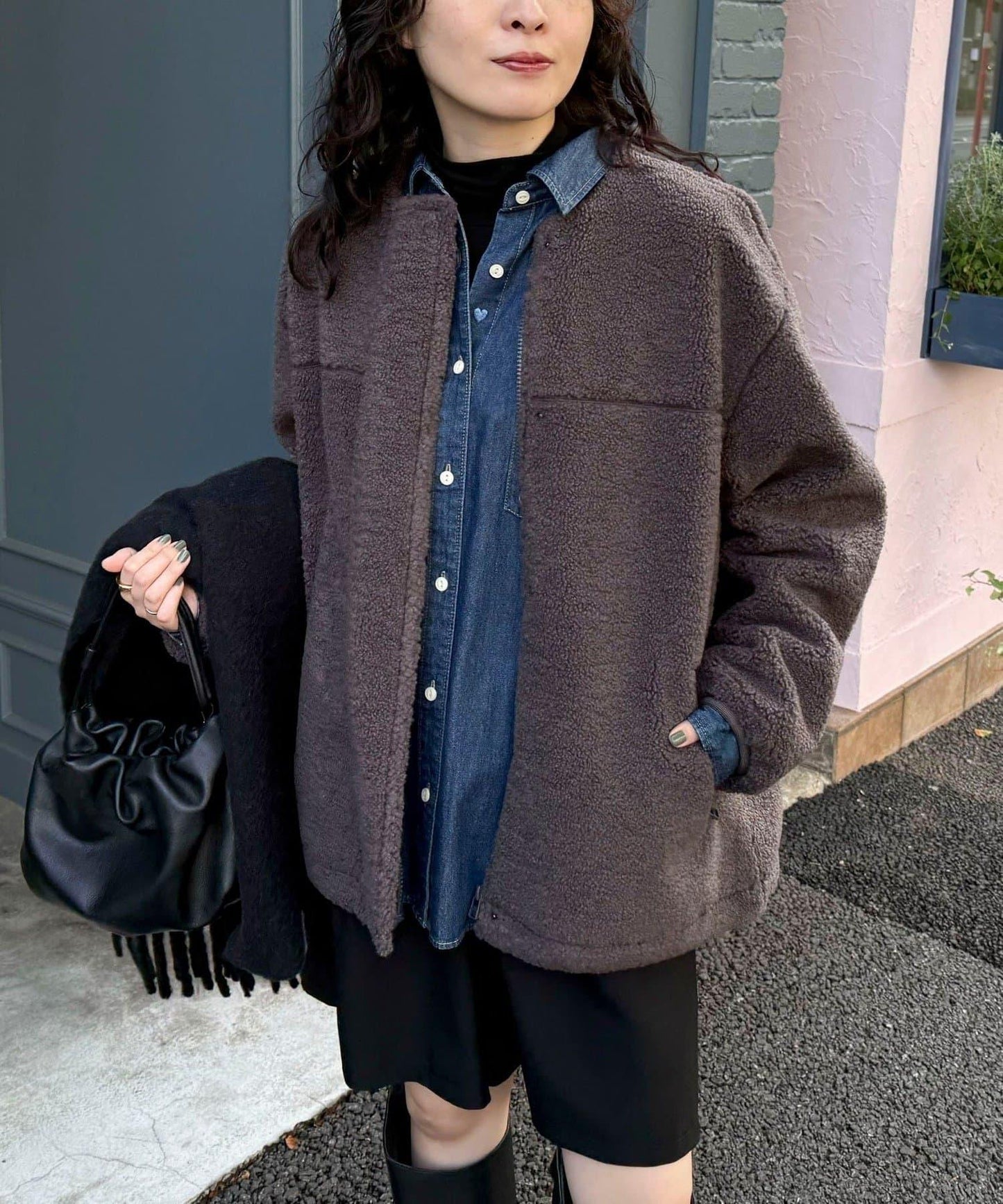 仿羊羔絨無領夾克