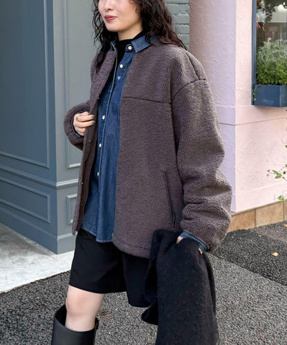 仿羊羔絨無領夾克