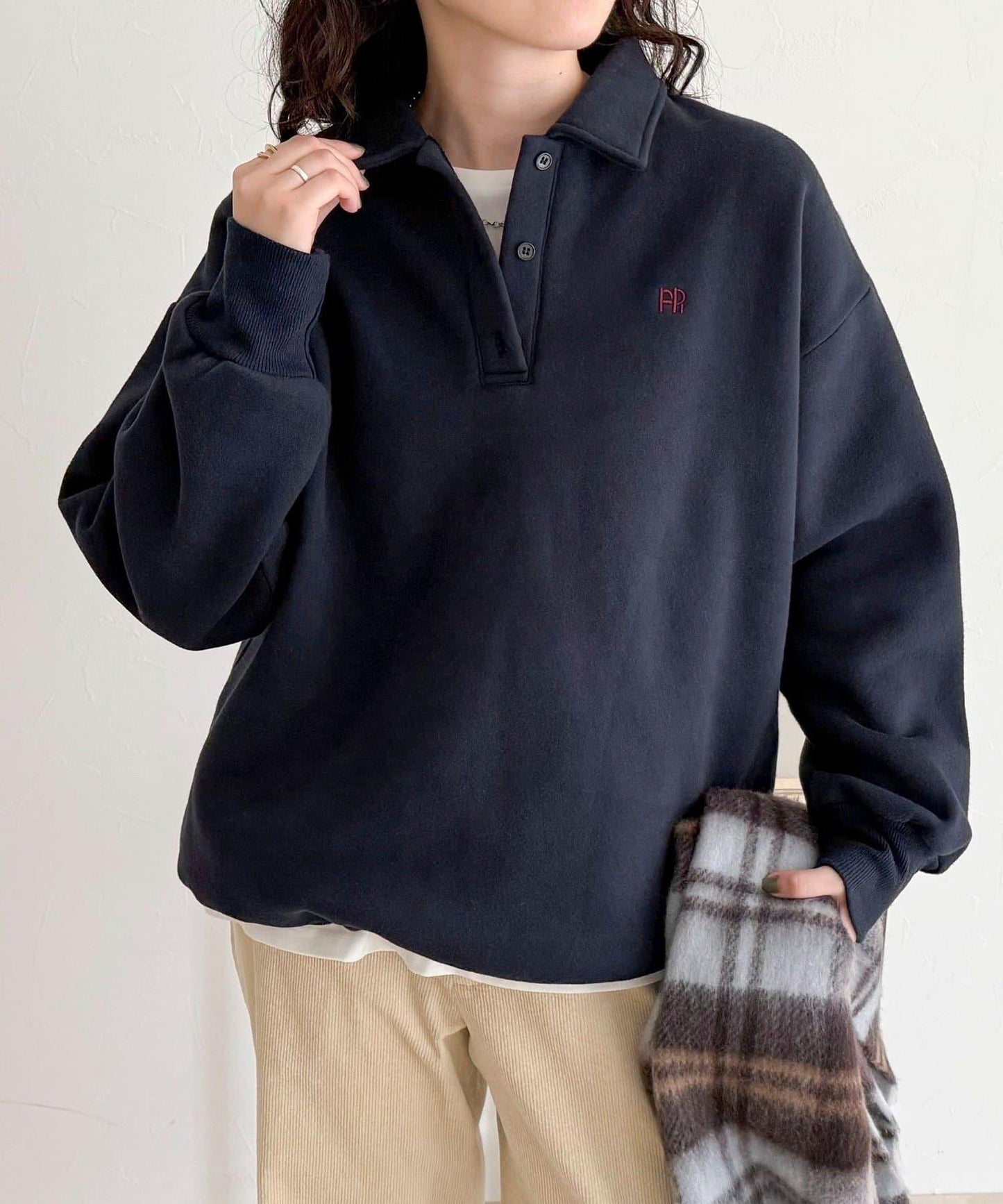FR刺繡翻領加絨衛衣套頭衫