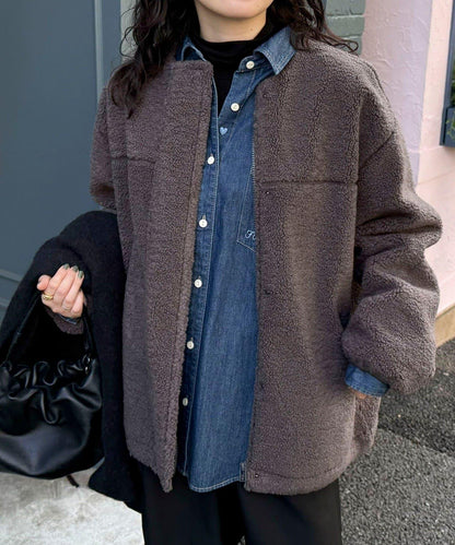 仿羊羔絨無領夾克