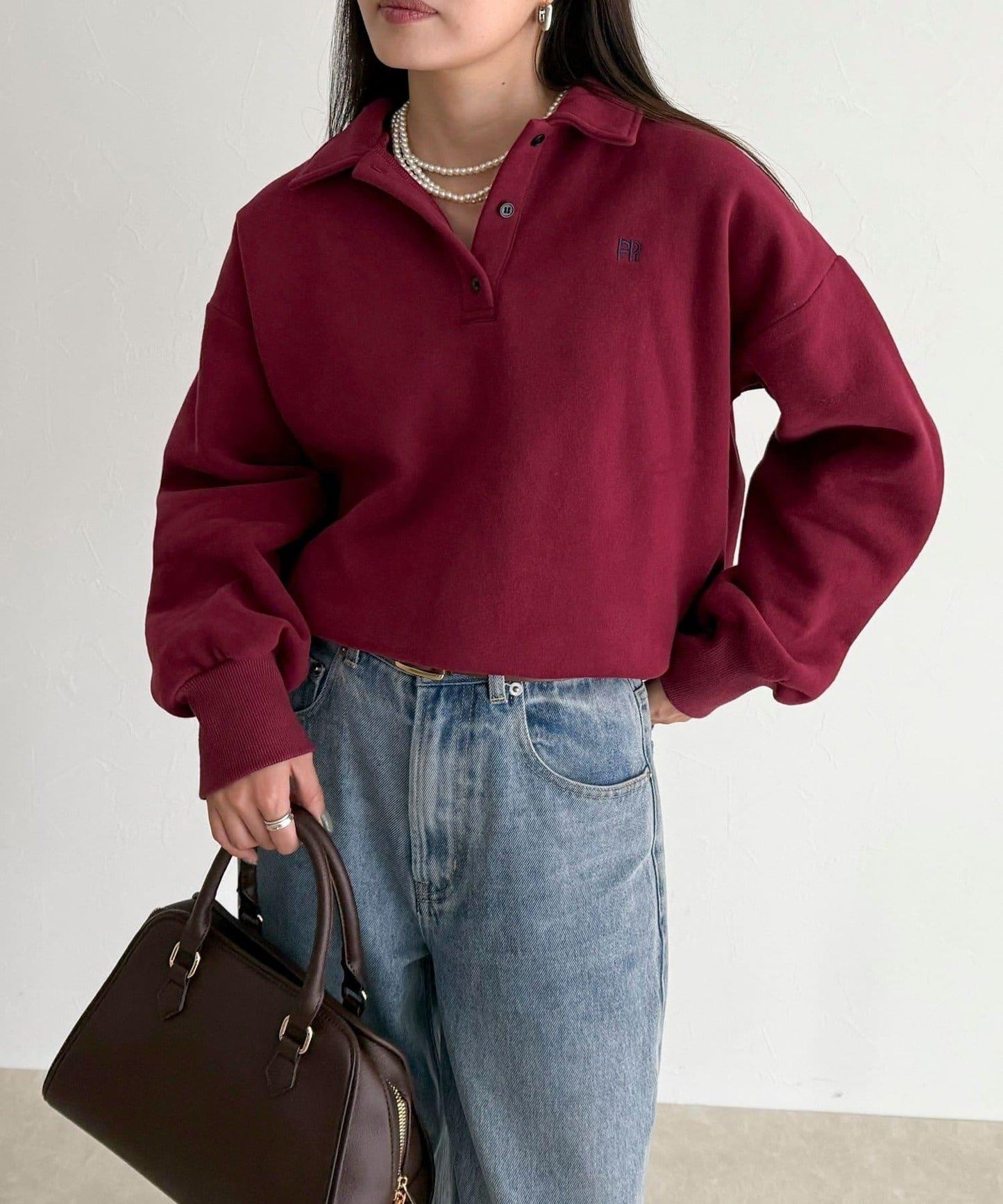 FR刺繡翻領加絨衛衣套頭衫