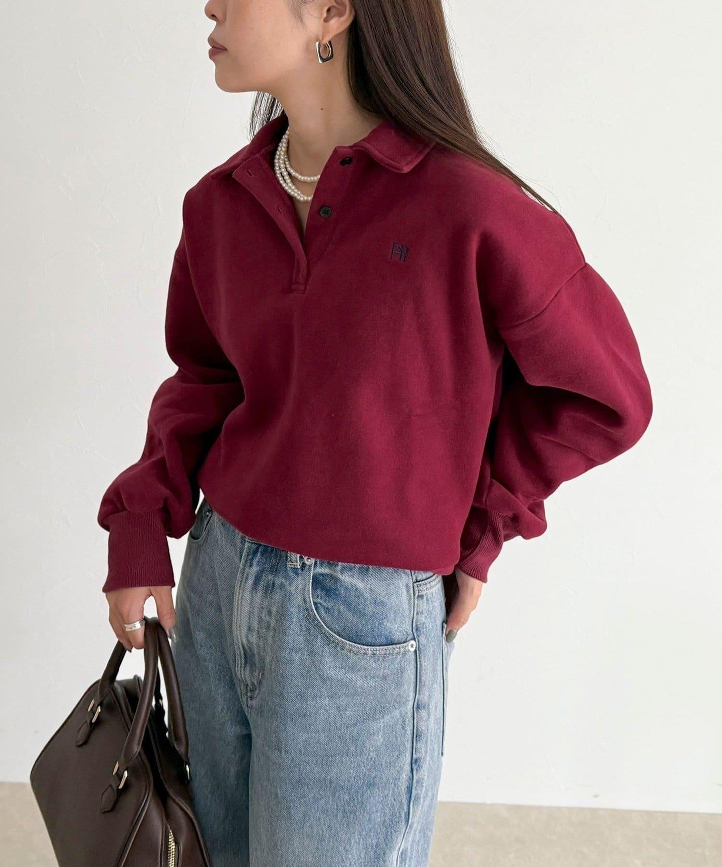 FR刺繡翻領加絨衛衣套頭衫