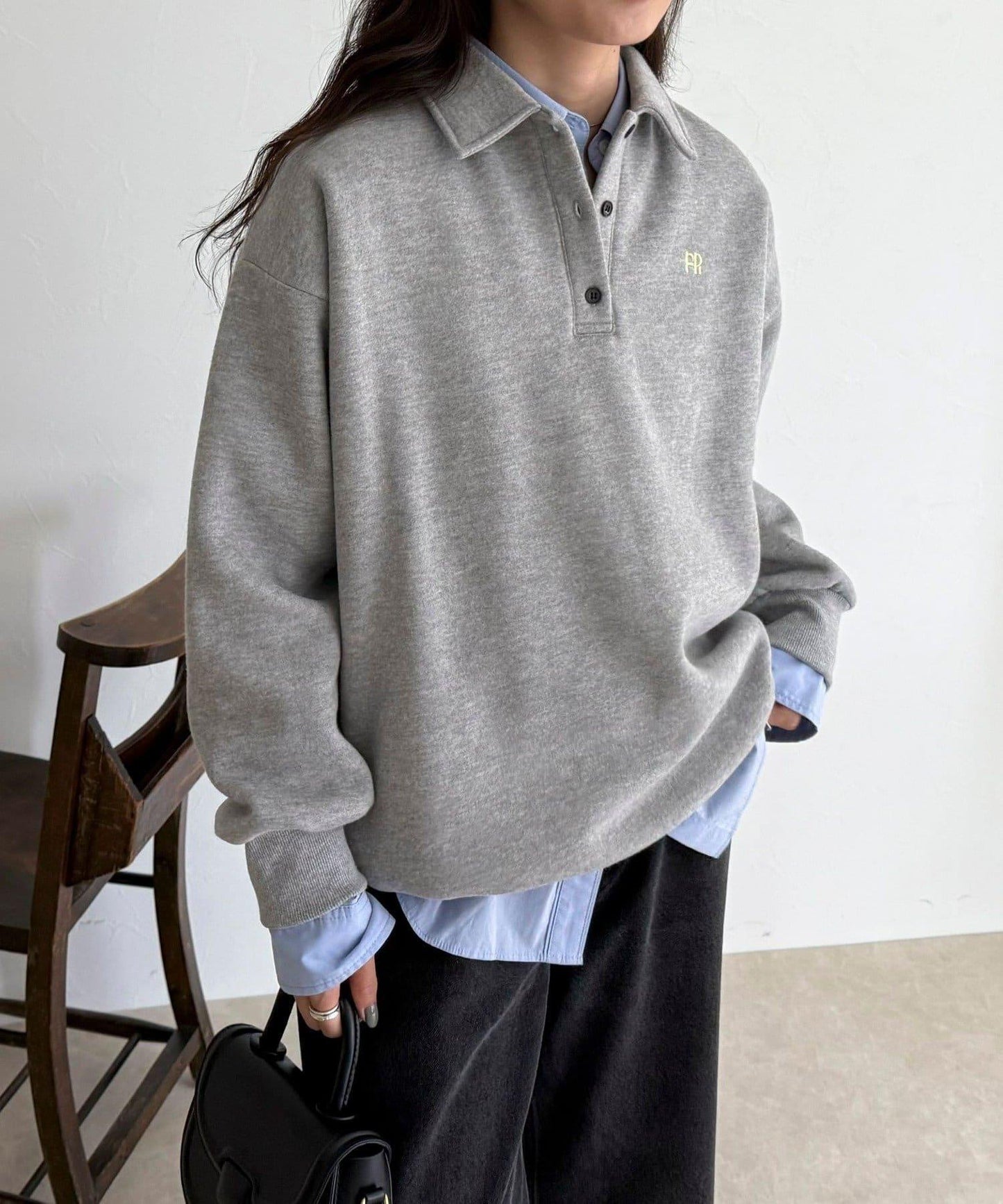 FR刺繡翻領加絨衛衣套頭衫