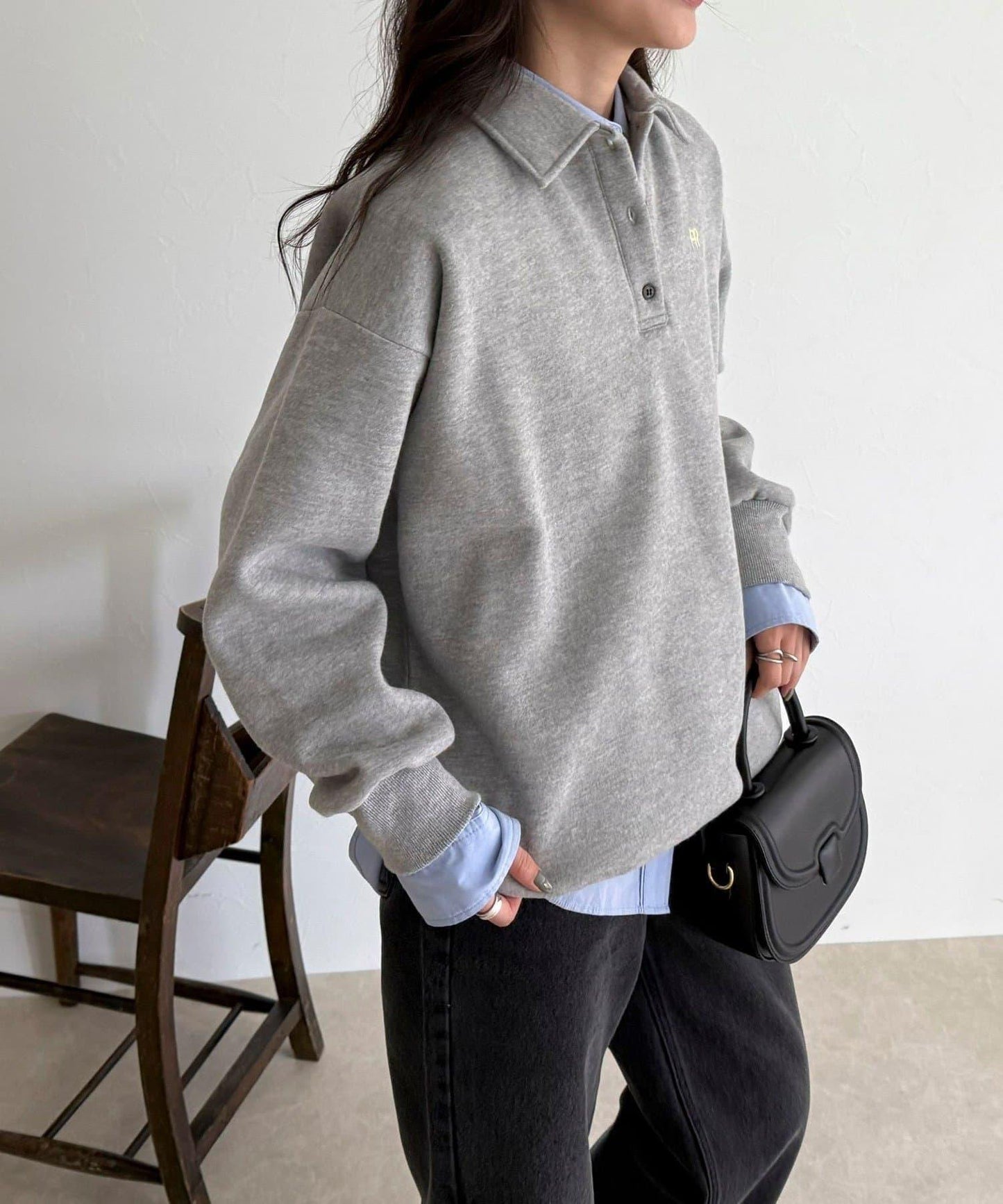 FR刺繡翻領加絨衛衣套頭衫