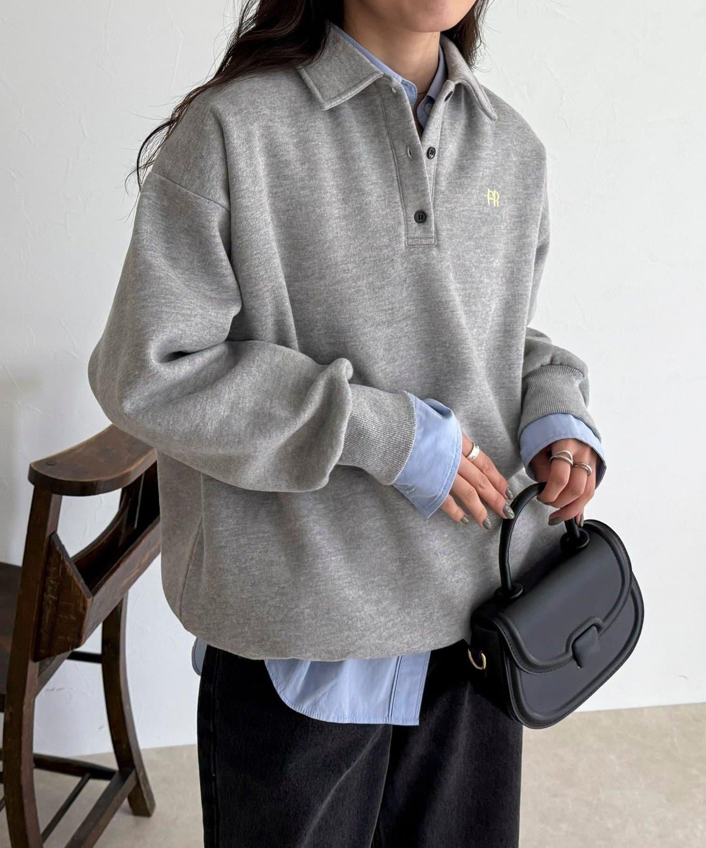 FR刺繡翻領加絨衛衣套頭衫