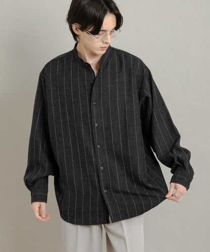 羊毛觸感條紋立領襯衫