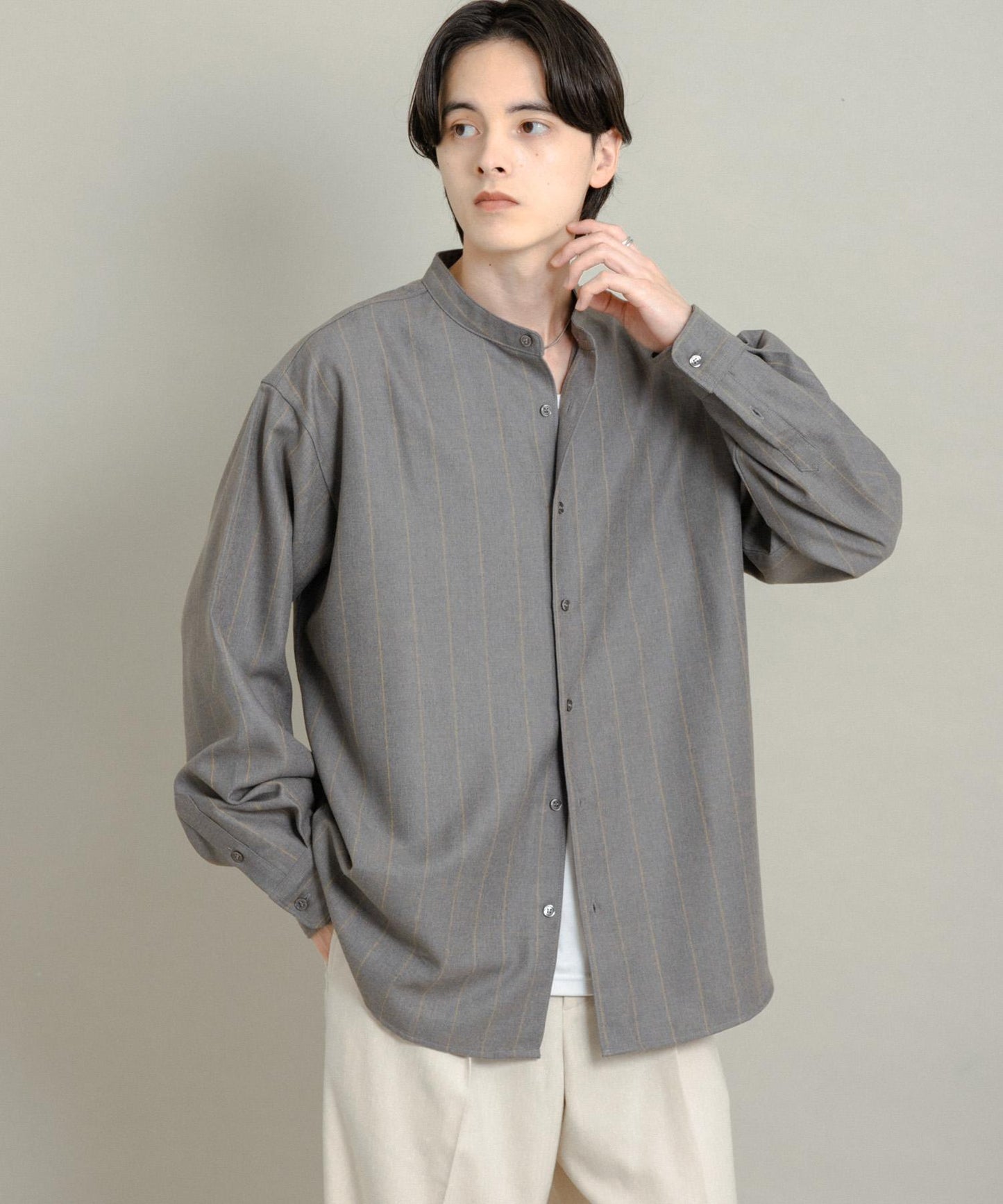 羊毛觸感條紋立領襯衫