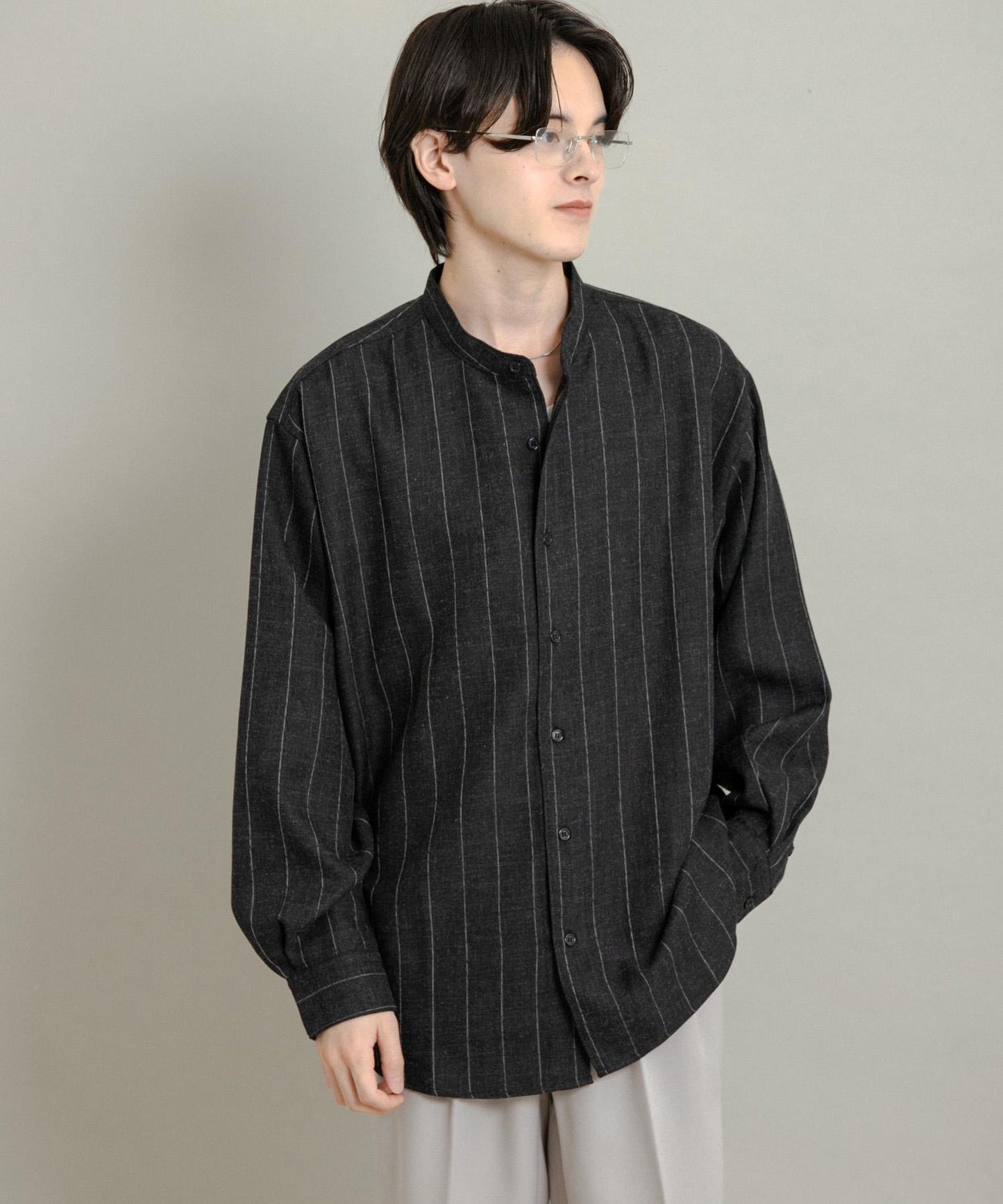 羊毛觸感條紋立領襯衫