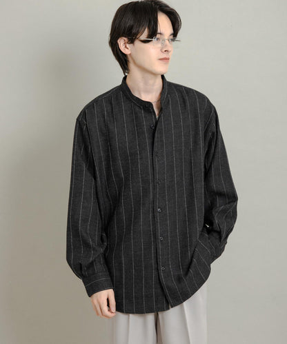 羊毛觸感條紋立領襯衫