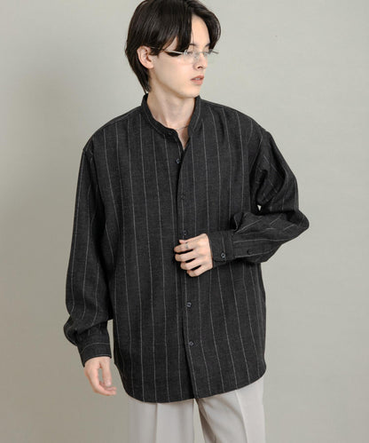 羊毛觸感條紋立領襯衫