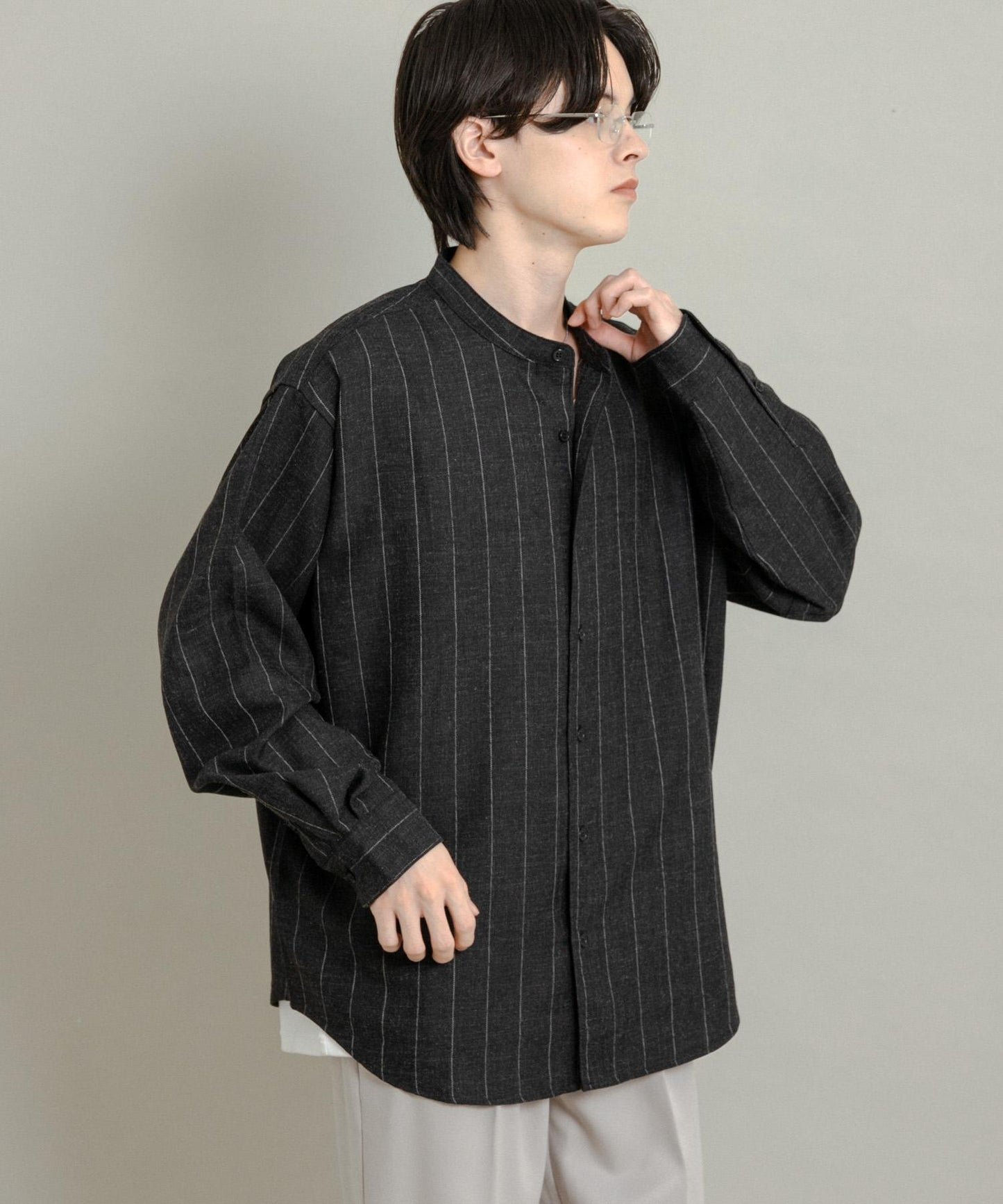 羊毛觸感條紋立領襯衫