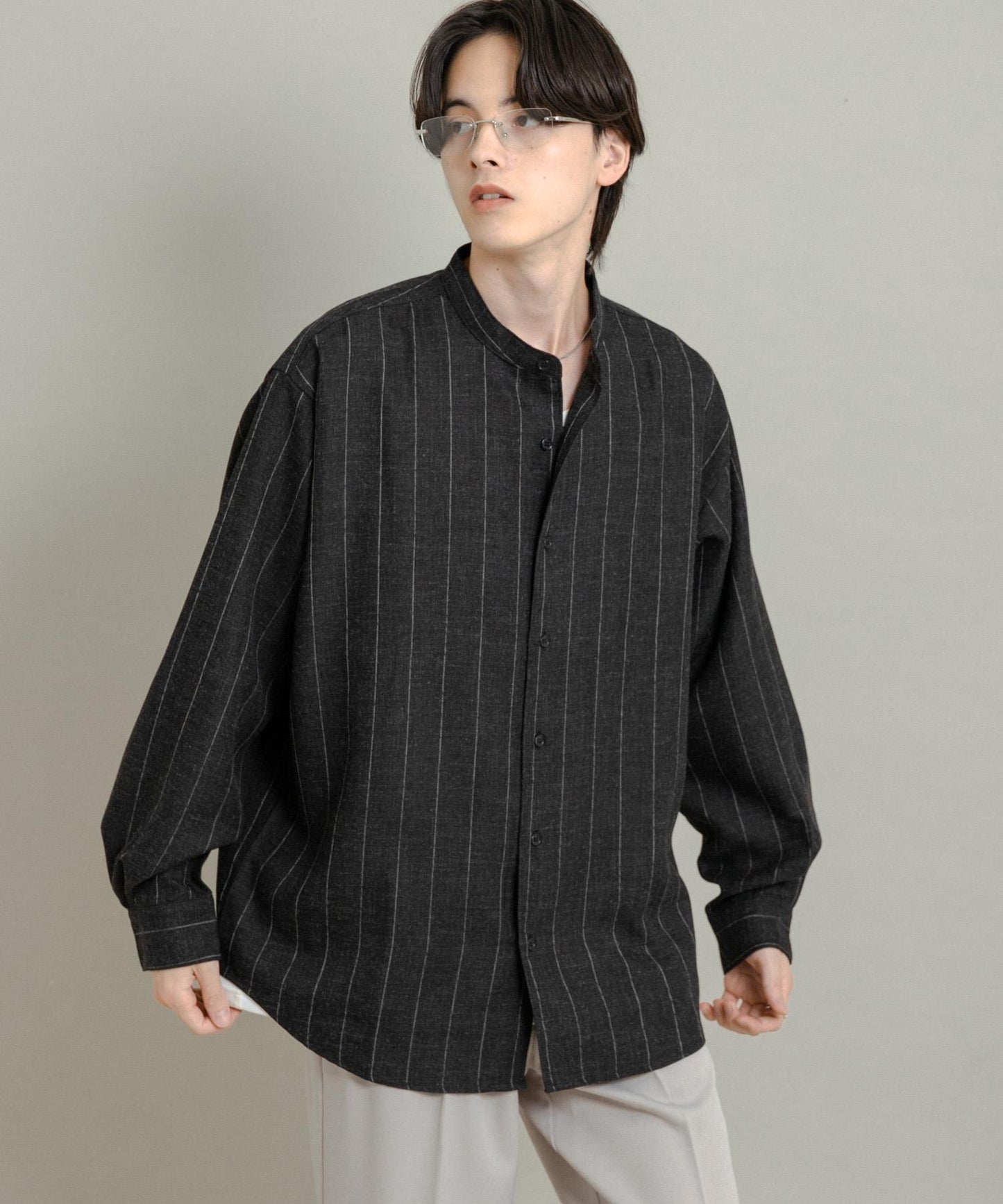 羊毛觸感條紋立領襯衫