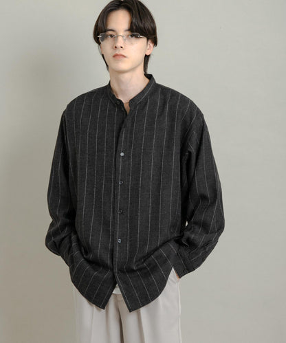 羊毛觸感條紋立領襯衫