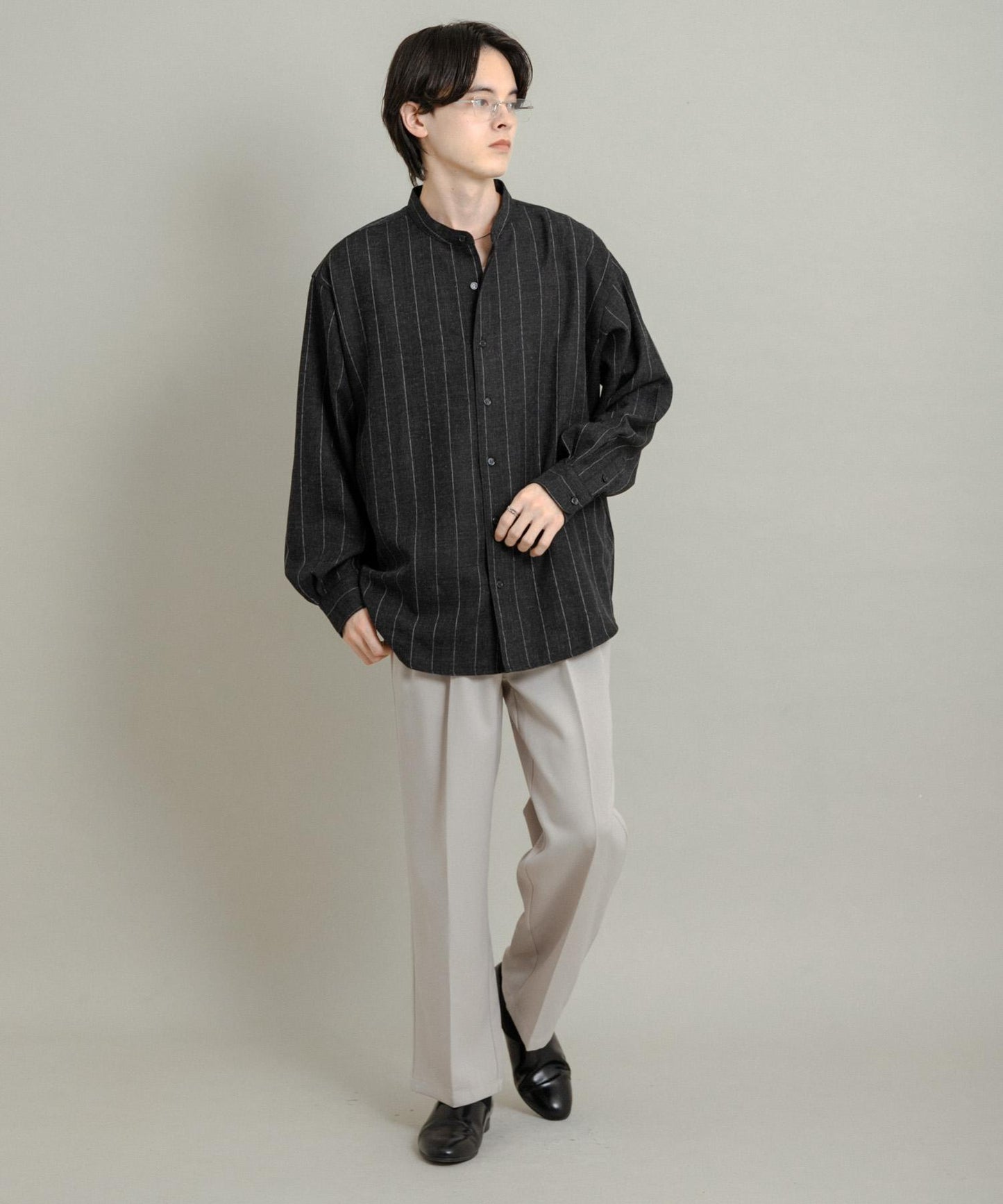 羊毛觸感條紋立領襯衫