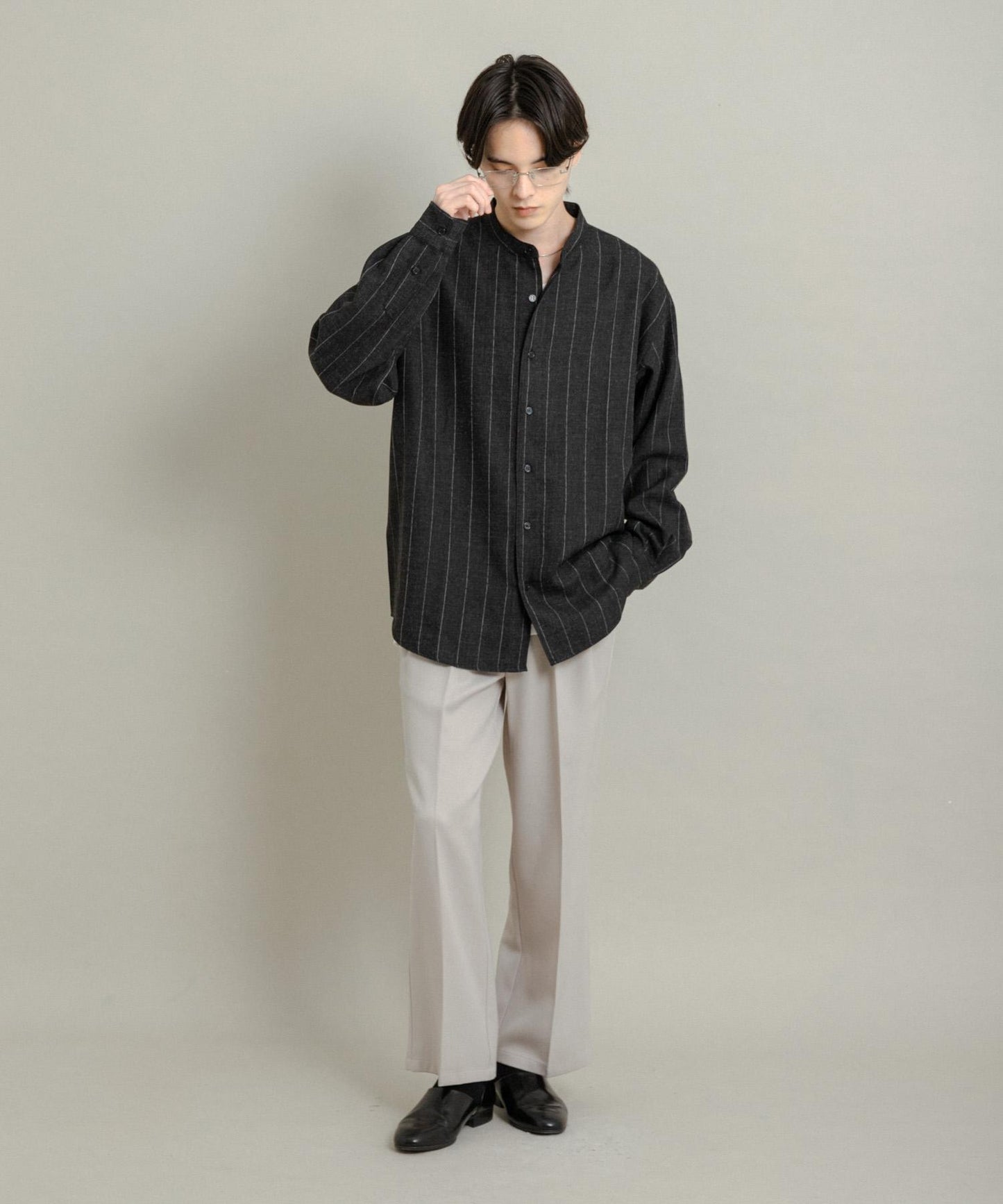 羊毛觸感條紋立領襯衫