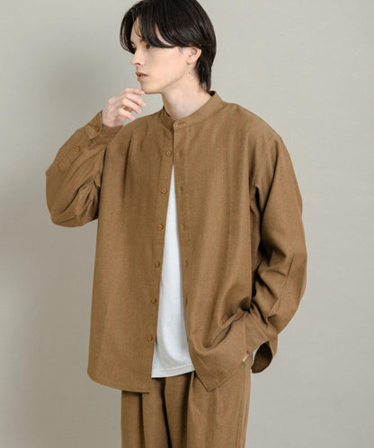 羊毛觸感條紋立領襯衫