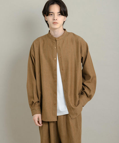 羊毛觸感條紋立領襯衫