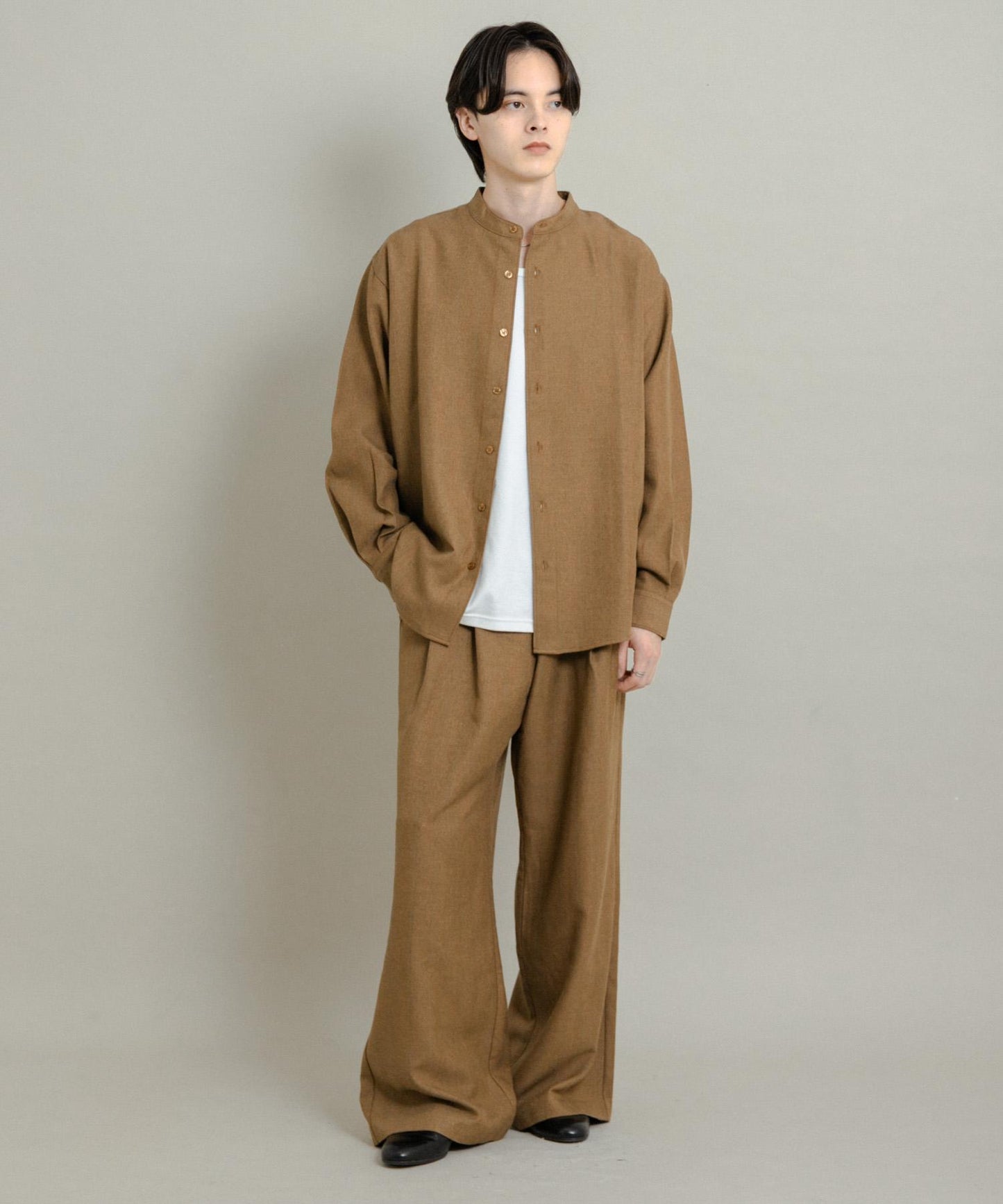 羊毛觸感條紋立領襯衫