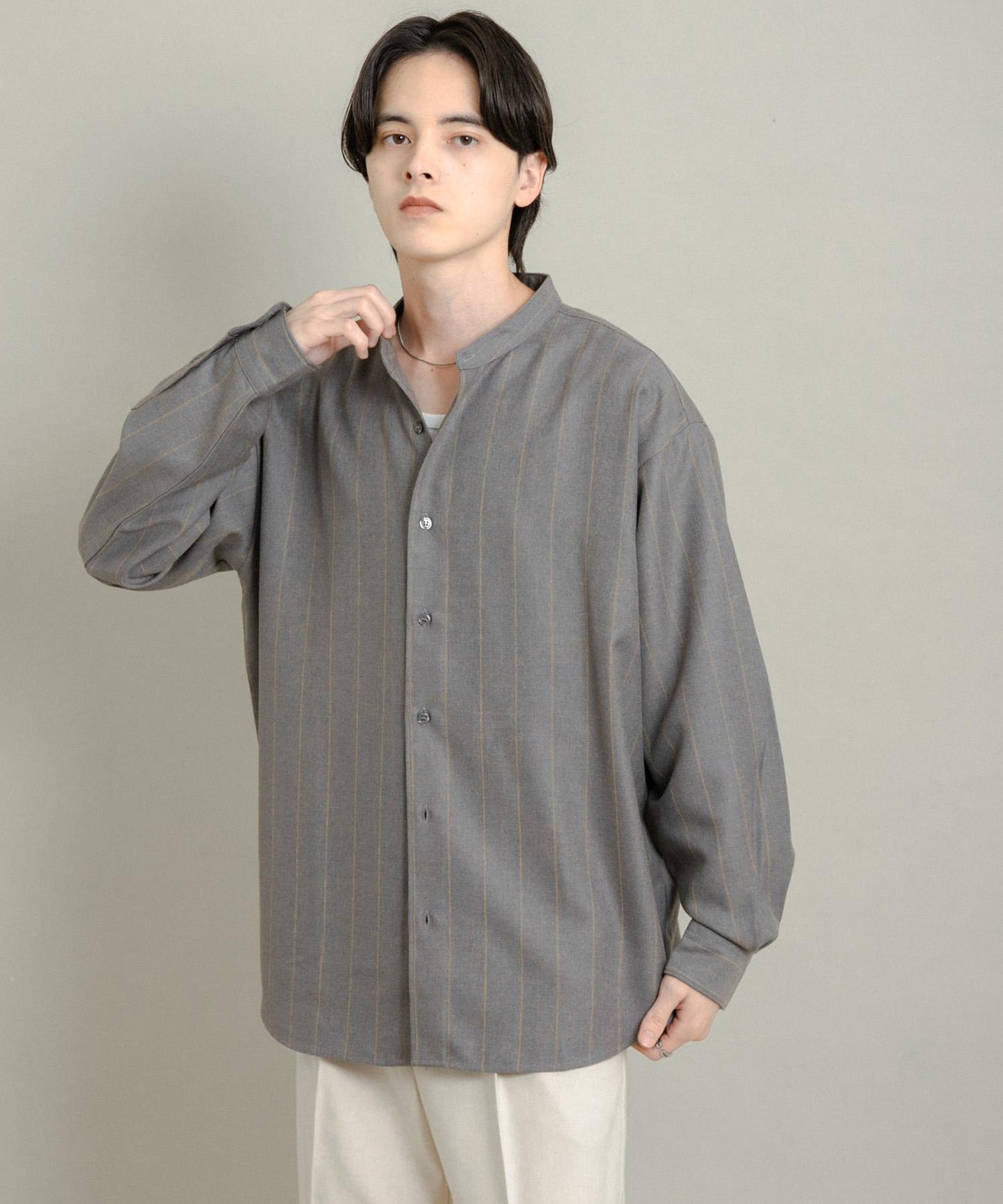 羊毛觸感條紋立領襯衫