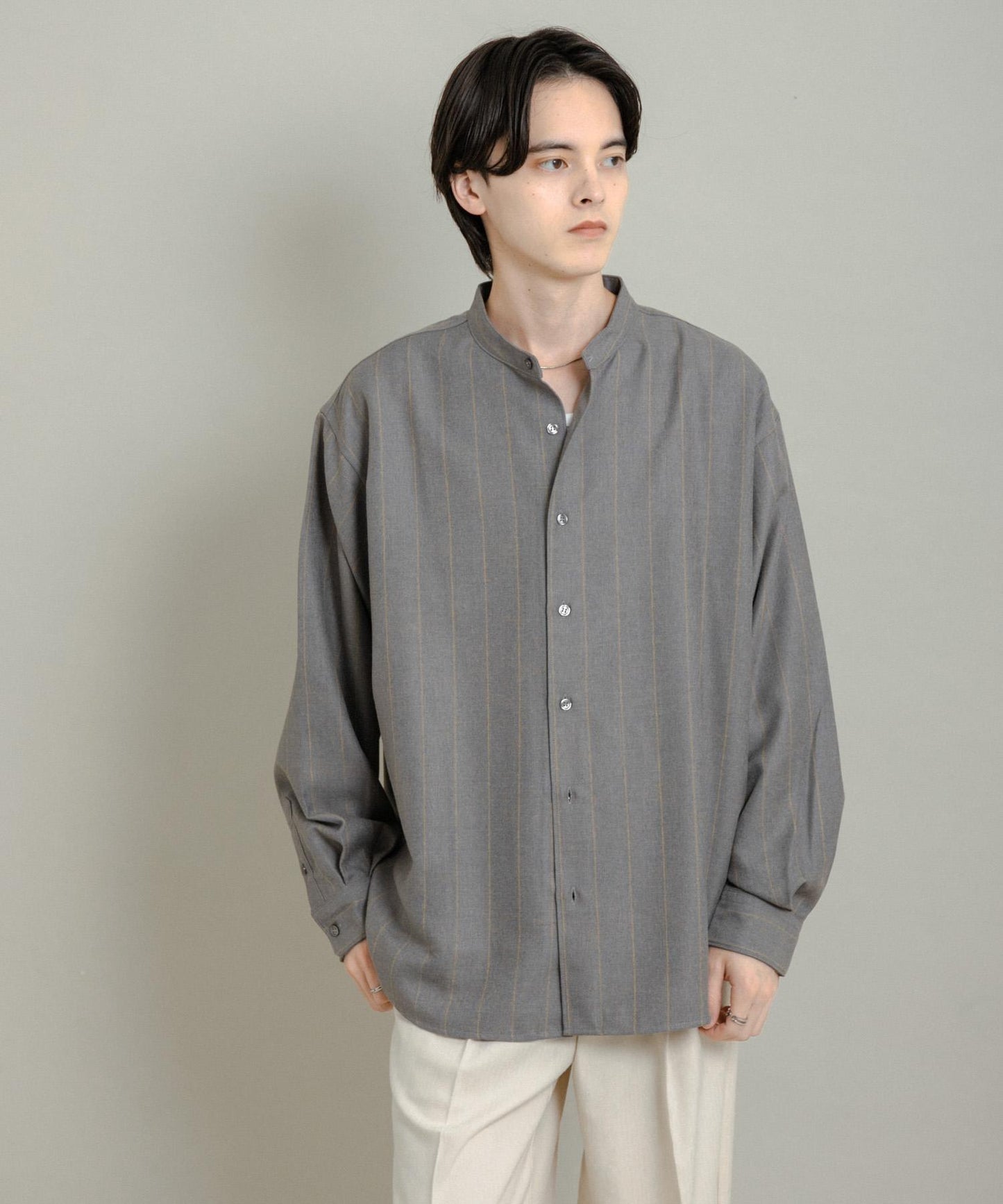 羊毛觸感條紋立領襯衫