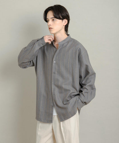 羊毛觸感條紋立領襯衫