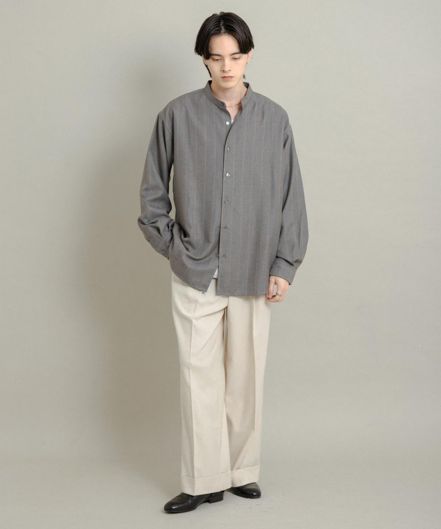 羊毛觸感條紋立領襯衫