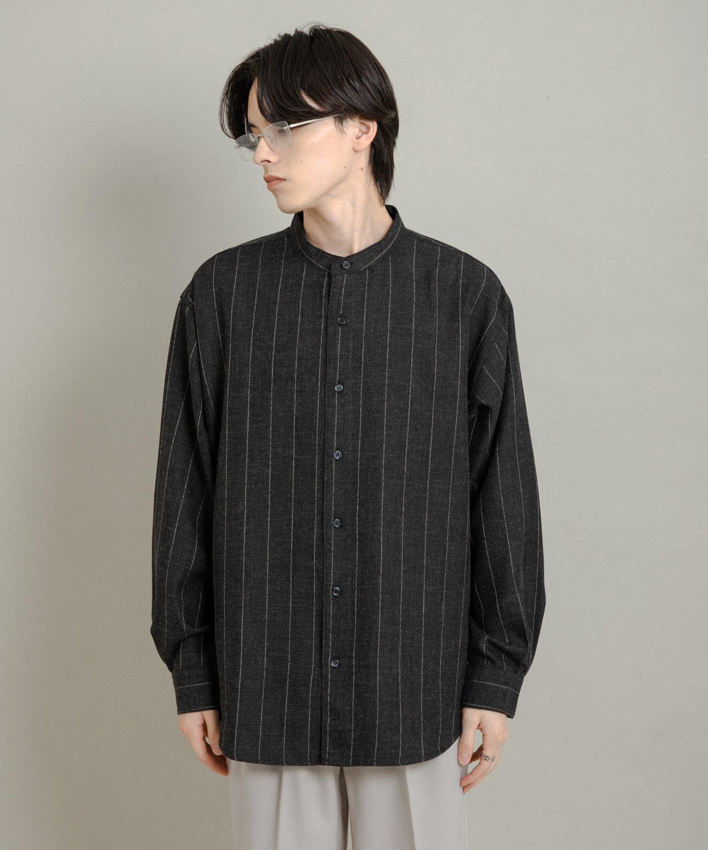 羊毛觸感條紋立領襯衫