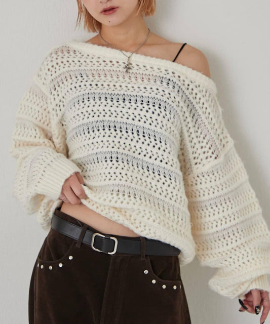 【WHO'S WHO gallery】網眼條紋一字肩兩穿針織衫