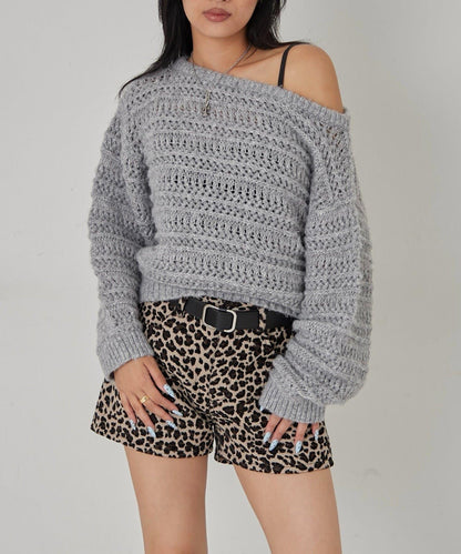 【WHO'S WHO gallery】網眼條紋一字肩兩穿針織衫