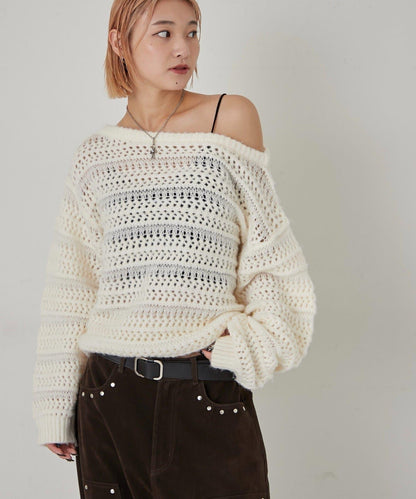 網紗條紋一字肩兩穿針織衫