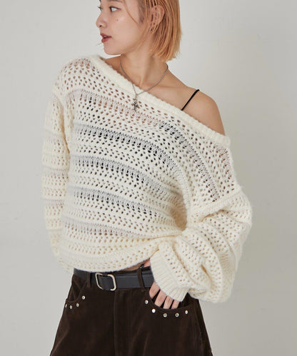 【WHO'S WHO gallery】網眼條紋一字肩兩穿針織衫