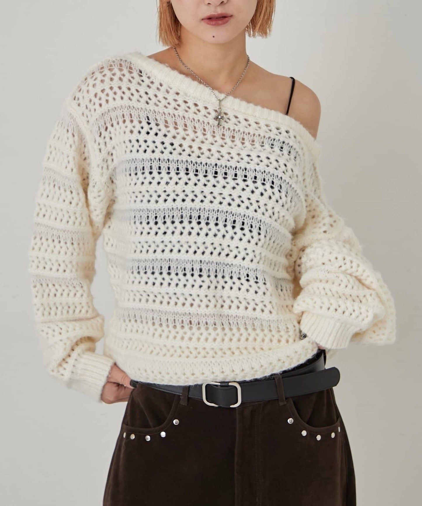 網紗條紋一字肩兩穿針織衫