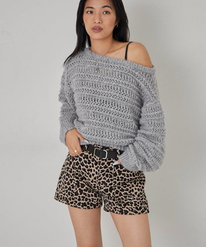 【WHO'S WHO gallery】網眼條紋一字肩兩穿針織衫