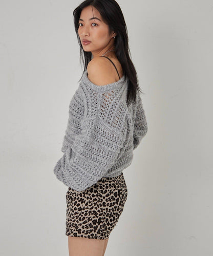 網紗條紋一字肩兩穿針織衫