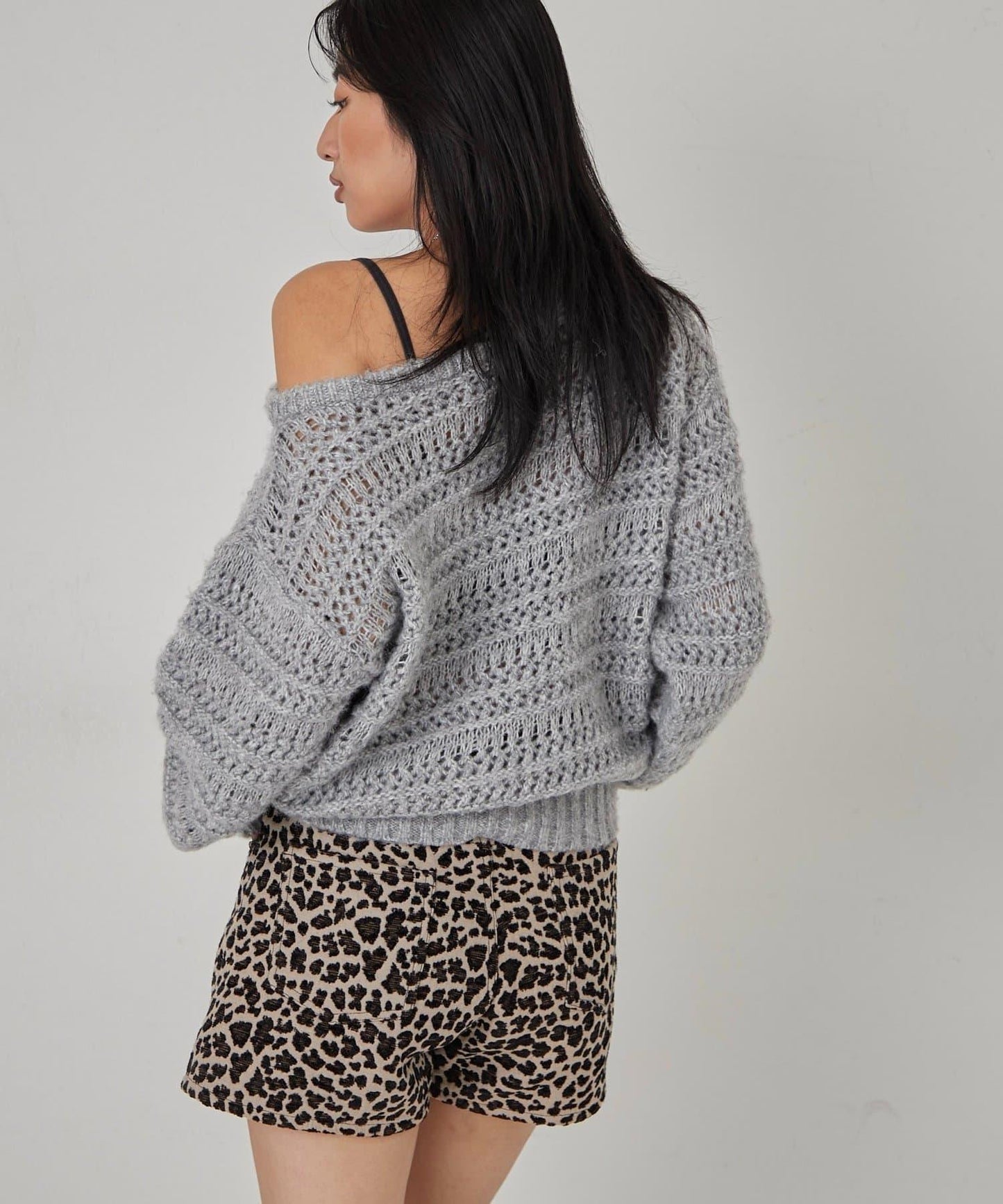 網紗條紋一字肩兩穿針織衫