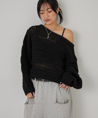 網紗條紋一字肩兩穿針織衫