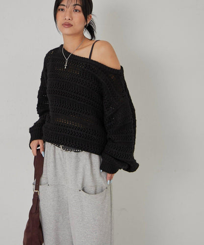 網紗條紋一字肩兩穿針織衫