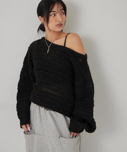 網紗條紋一字肩兩穿針織衫