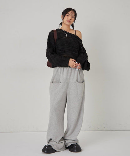 網紗條紋一字肩兩穿針織衫