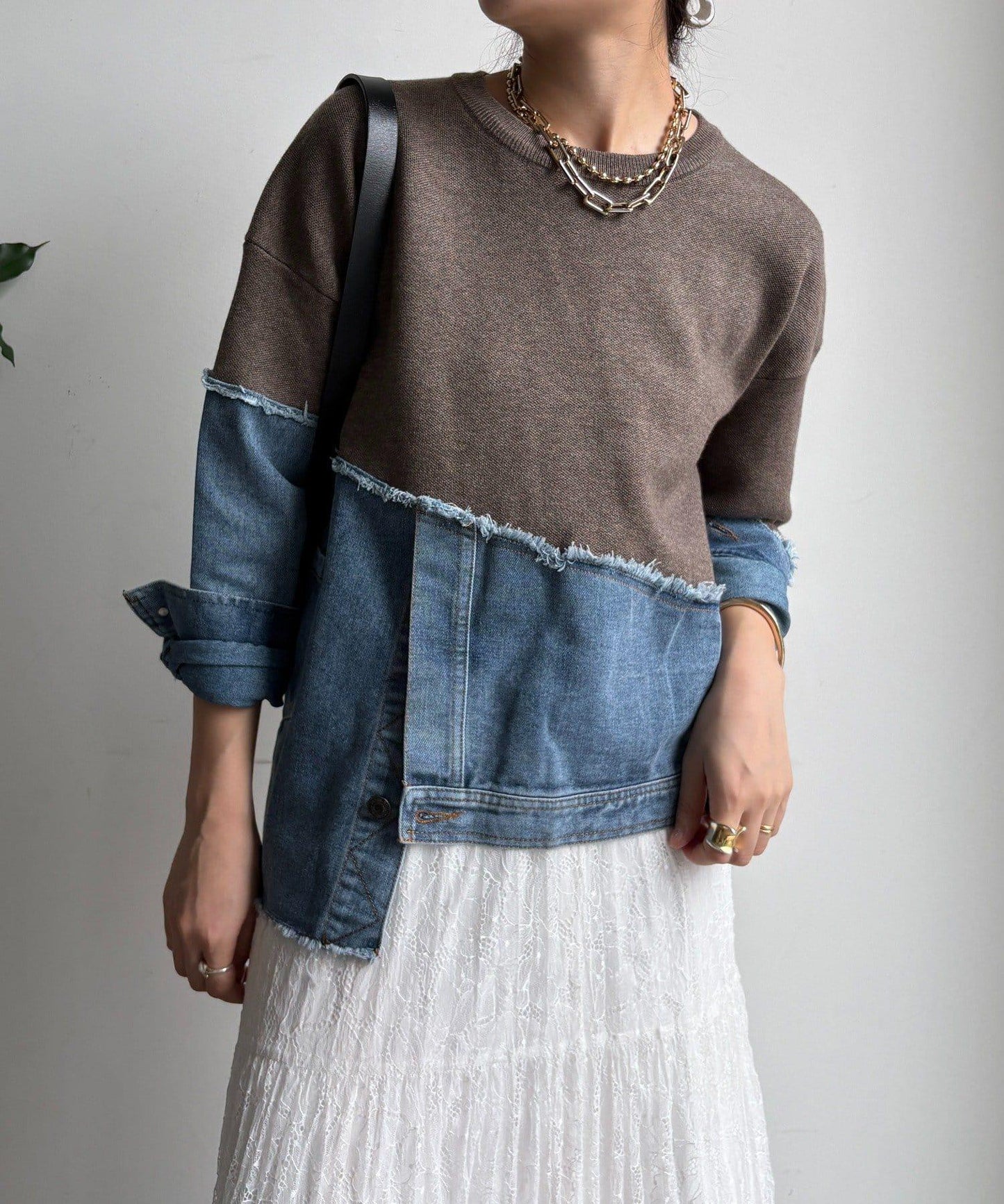 牛仔拼接針織套頭衫