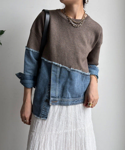 牛仔拼接針織套頭衫