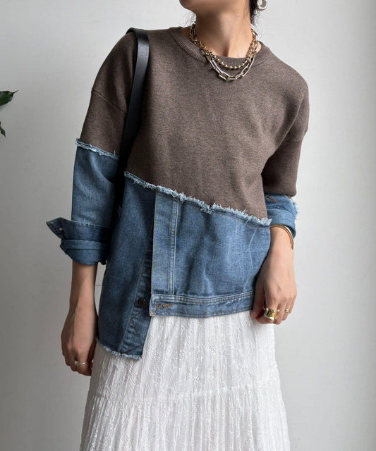 牛仔拼接針織套頭衫
