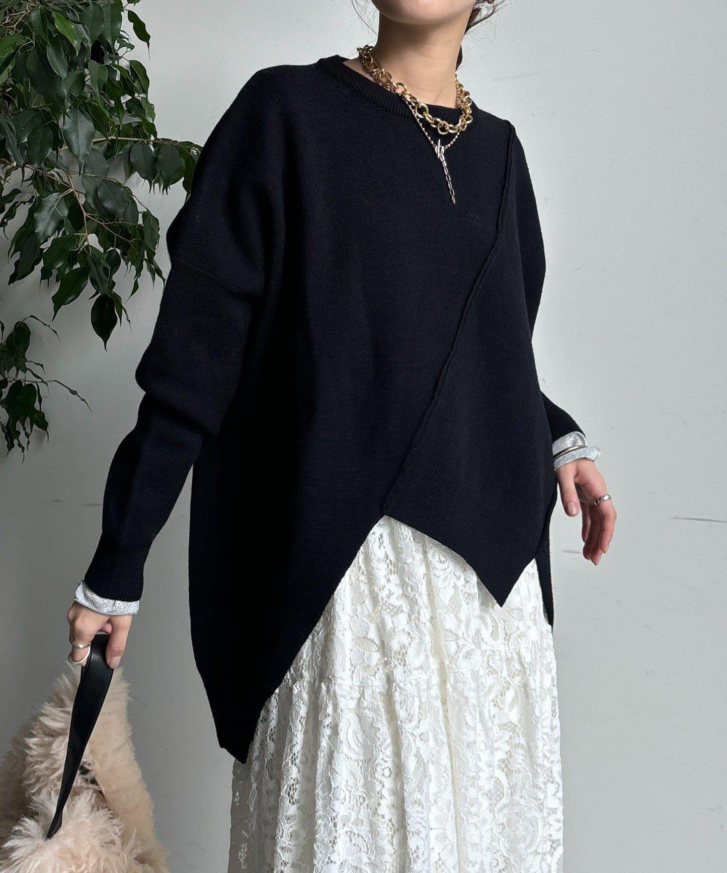 拼接不對稱蝙蝠袖針織衫