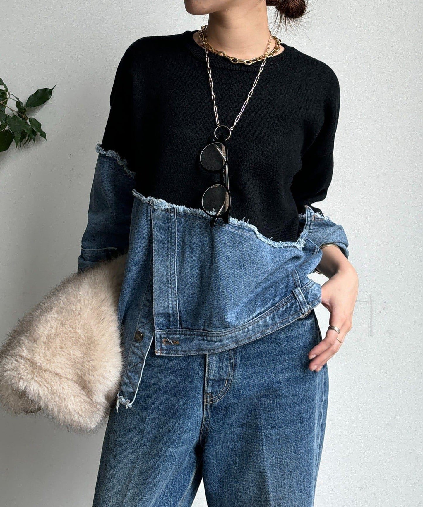 牛仔拼接針織套頭衫