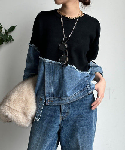 牛仔拼接針織套頭衫