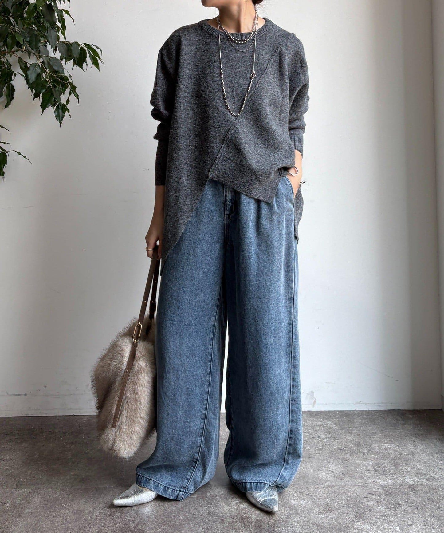 拼接不對稱蝙蝠袖針織衫