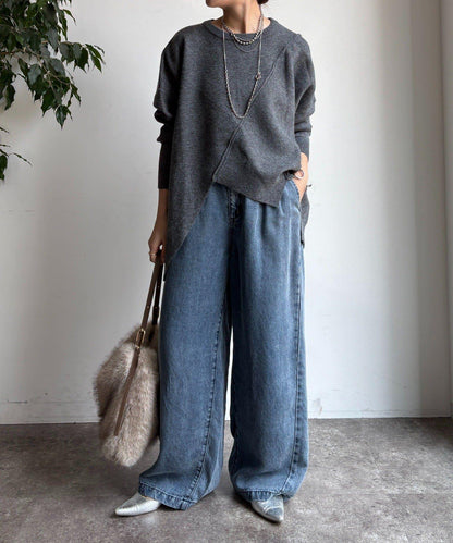 拼接不對稱蝙蝠袖針織衫