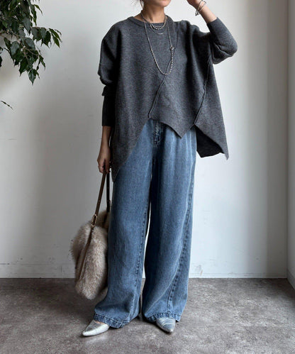 拼接不對稱蝙蝠袖針織衫