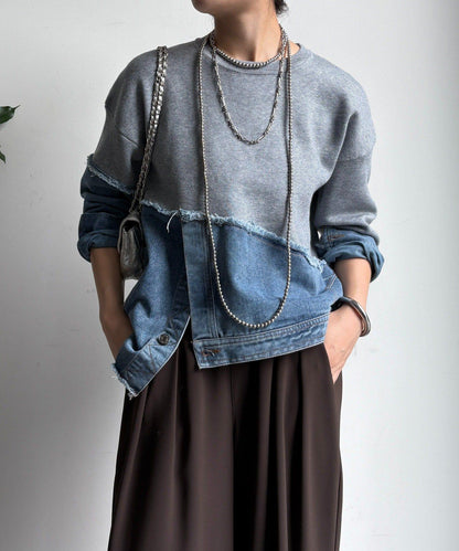牛仔拼接針織套頭衫